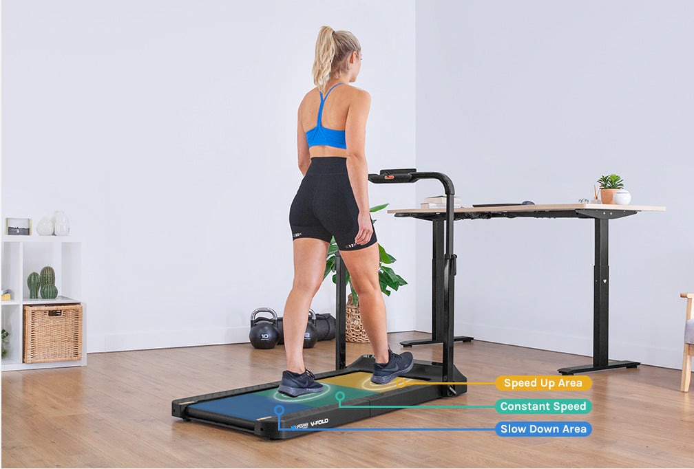 Safety and comfort of the Lifespan Fitness V-FOLD Treadmill with DuraGrip running belt.