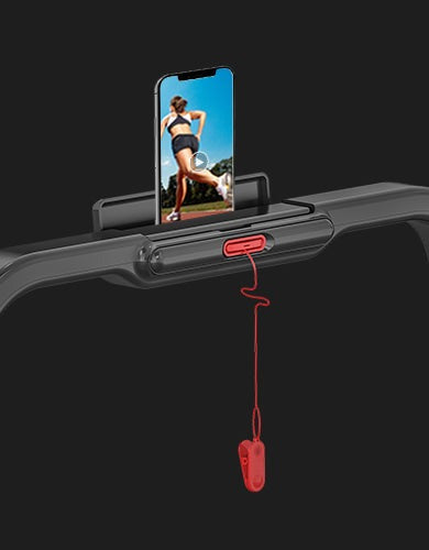 Lifespan Fitness V-FOLD Treadmill with tablet/phone holder for enhanced workout experience.