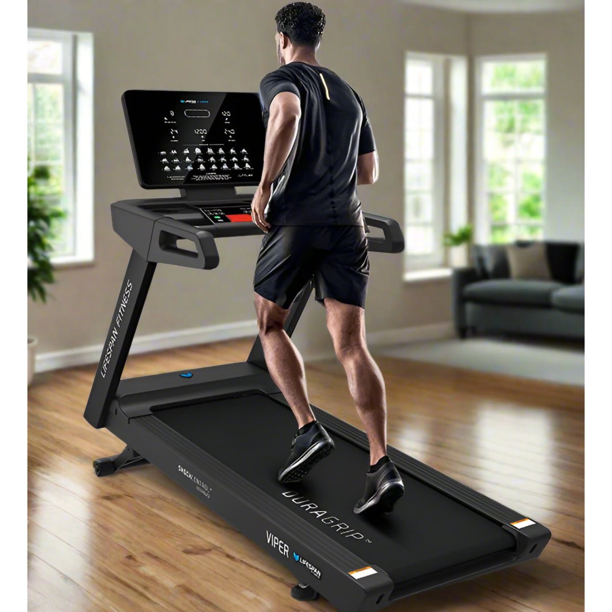 Lifespan Fitness Viper M4 Treadmill showcasing a sleek design, advanced shock control technology, and an easy-to-read digital display, perfect for home workouts and fitness enthusiasts.