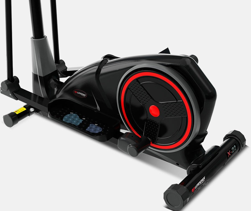 Lifespan Fitness X-22 Cross Trainer featuring a sleek black design, adjustable resistance, ergonomic handlebars, and large foot pedals for low-impact cardio workouts at home.