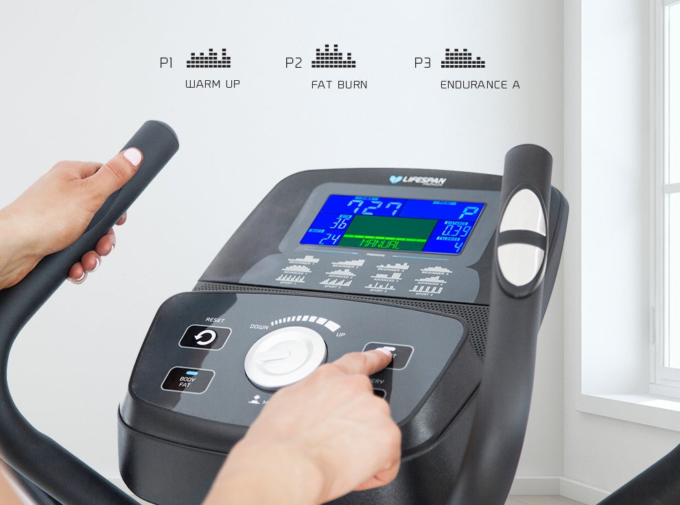 Close-up of a foot on the oversized footplate of the Lifespan Fitness X-41 Cross Trainer, highlighting its ergonomic design and non-slip surface, ideal for effective low-impact workouts.