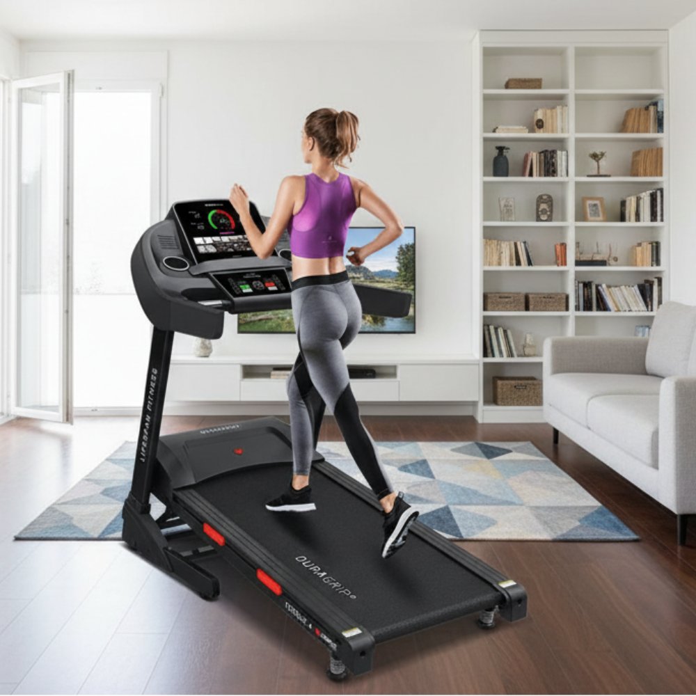 Lifespan Fitness Torque 4 Treadmill featuring a large touchscreen display, adjustable speed settings, and a durable DURAGRIP running surface, ideal for home fitness enthusiasts.