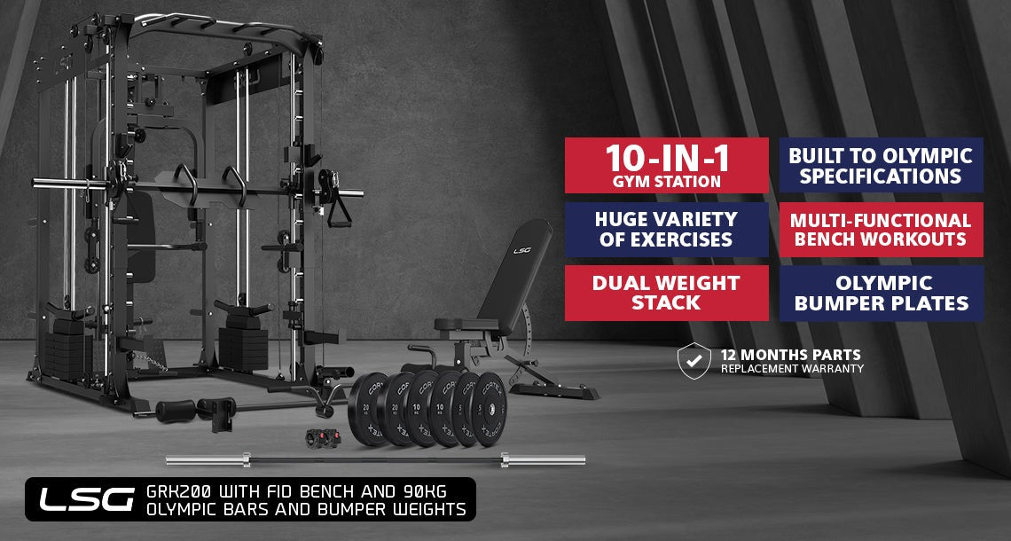 LSG GRK200 10-in-1 Home Gym Station featuring a power rack, Smith machine, and cable crossover for full-body workouts. Ideal for strength training at home.