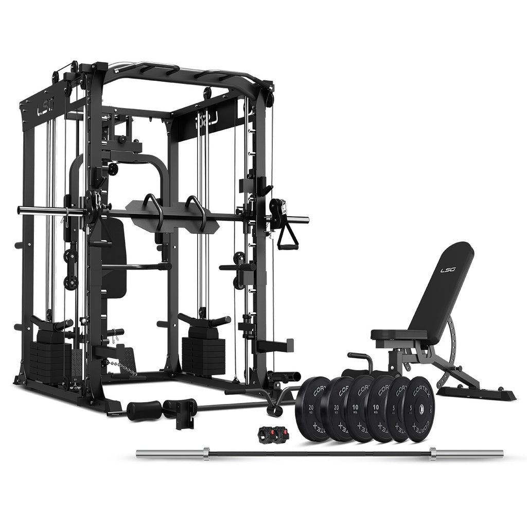 LSG GRK200 10-in-1 Home Gym Station, Power Rack, Smith Machine and Cable Crossover + 90kg Olympic Barbell & Bumper Plate Package