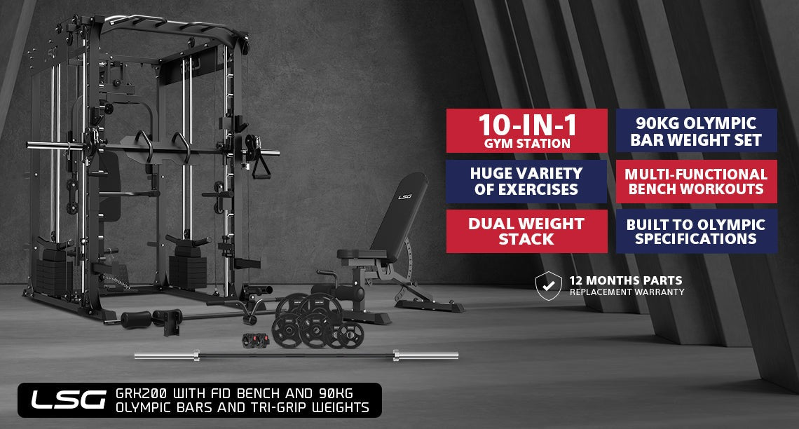 LSG GRK200 10-in-1 Home Gym Station featuring a power rack, Smith machine, and cable crossover for full-body workouts. Ideal for strength training at home.
