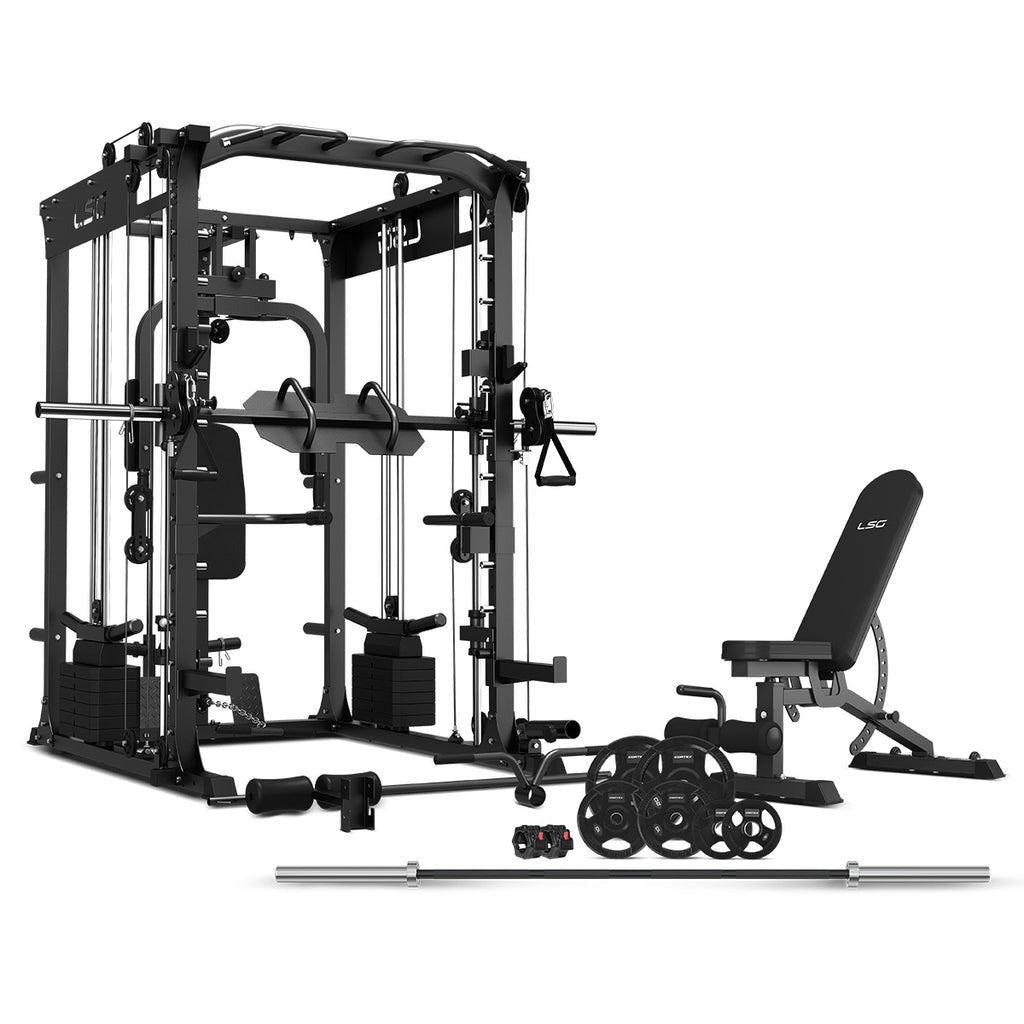 LSG GRK200 10-in-1 Home Gym Station, Power Rack, Smith Machine and Cable Crossover + 90kg Olympic Barbell Weight Plate Set