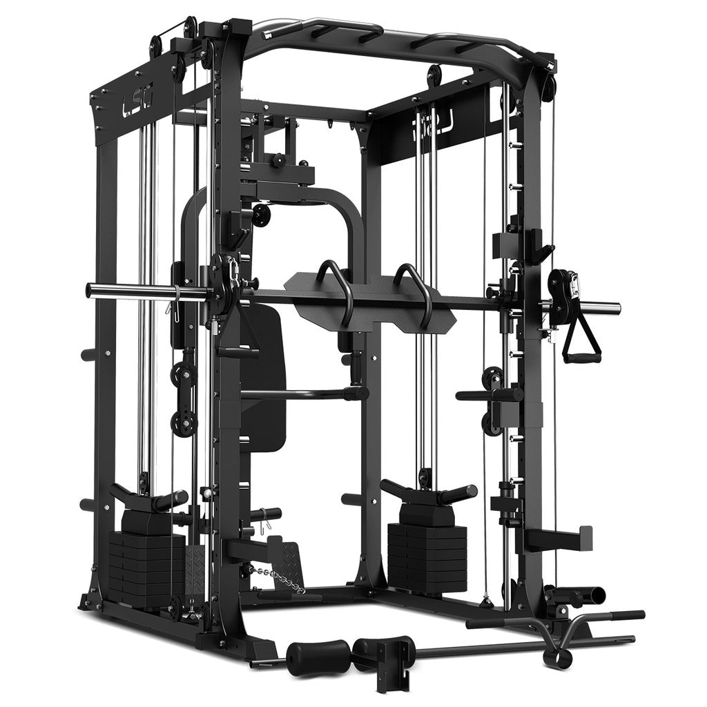 LSG GRK200 10-in-1 Home Gym Station, Power Rack, Smith Machine and Cable Crossover + 90kg Olympic Barbell Weight Plate Set