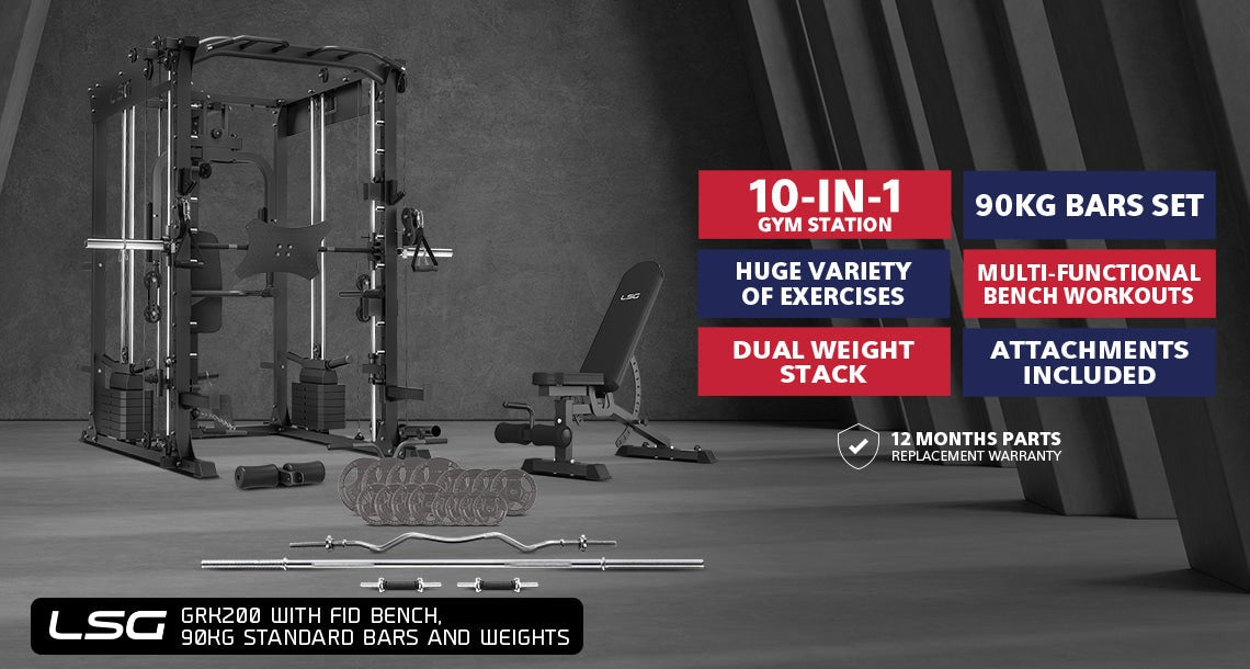 LSG GRK200 10-in-1 Home Gym Station featuring a power rack, Smith machine, and cable crossover for full-body workouts. Ideal for strength training at home.