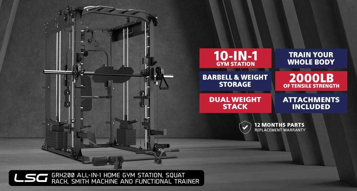 LSG GRK200 10-in-1 Home Gym Station featuring a power rack, Smith machine, and cable crossover for full-body workouts. Ideal for strength training at home.