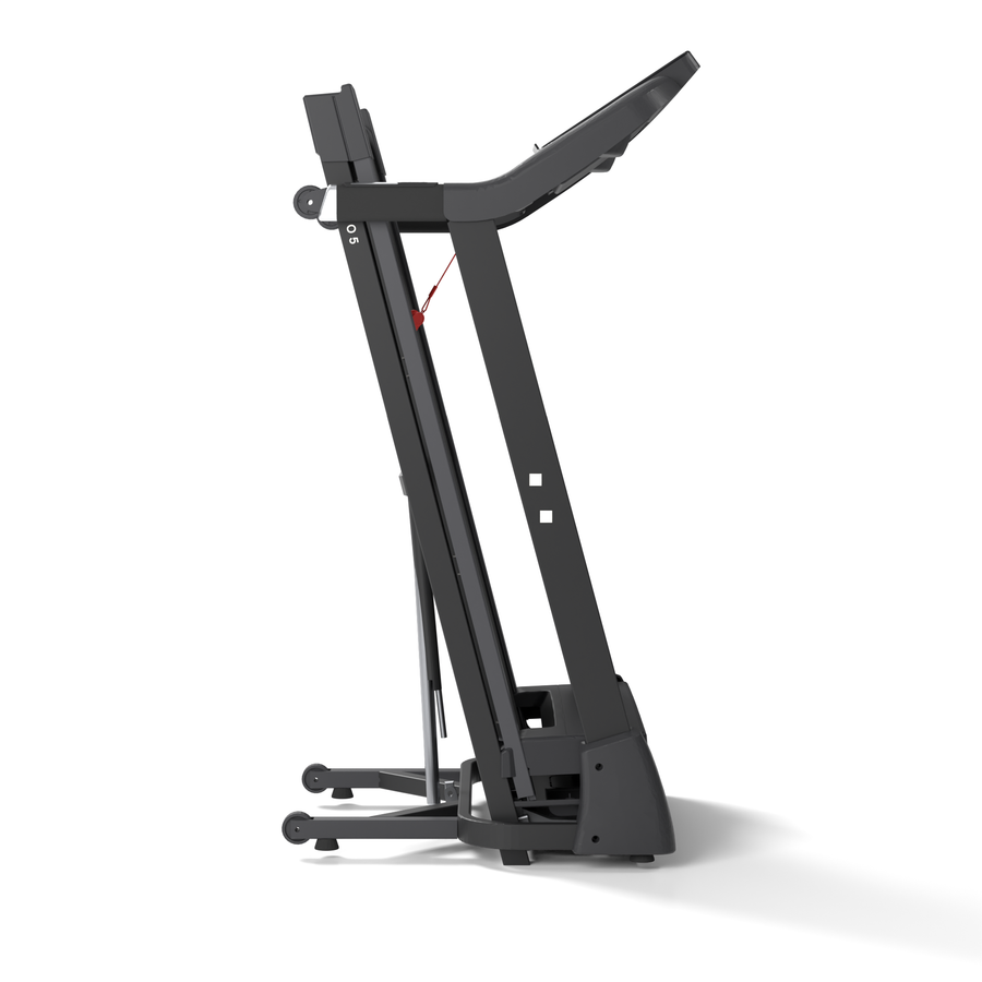 The SOYO 5 folded, in side elevation, showing its footprint against a wall