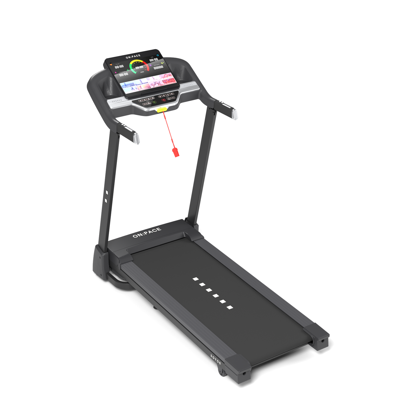 The ON:PACE SOYO 5 treadmill, unfolded, seen from the front left