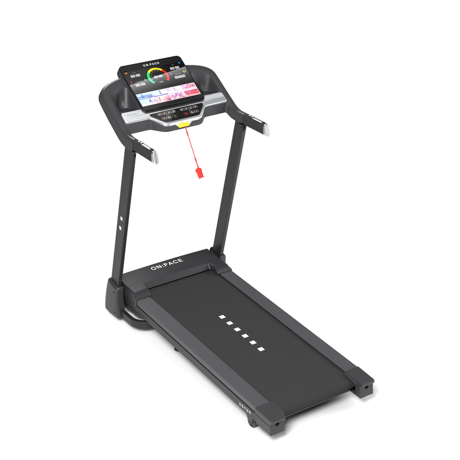 The ON:PACE SOYO 5 treadmill, unfolded, seen from the front left