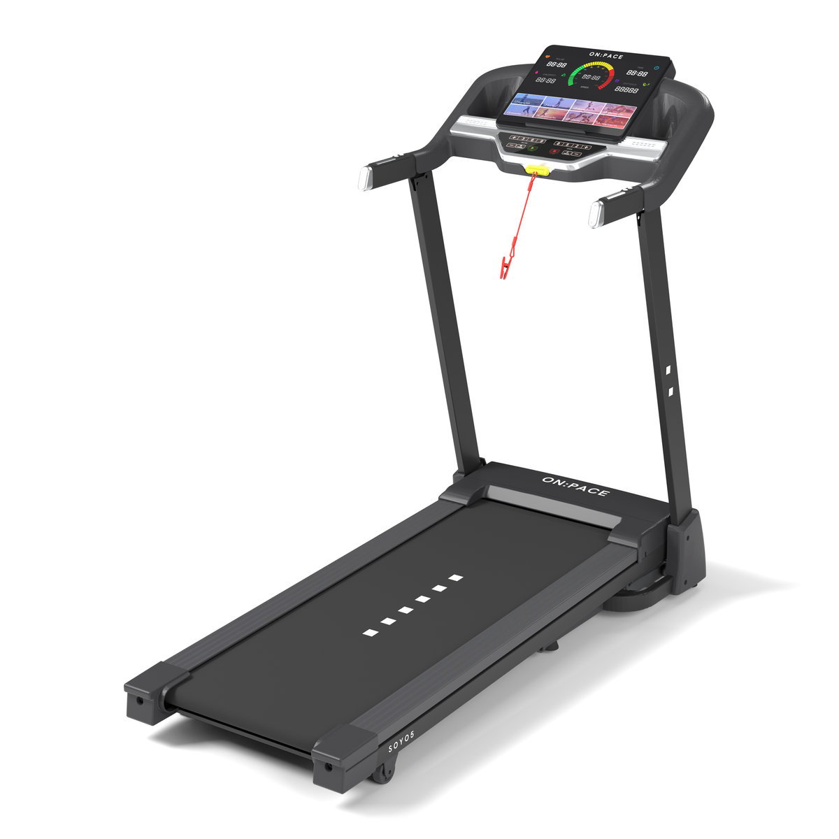 The ON:PACE SOYO 5 treadmill, unfolded, seen from the front left