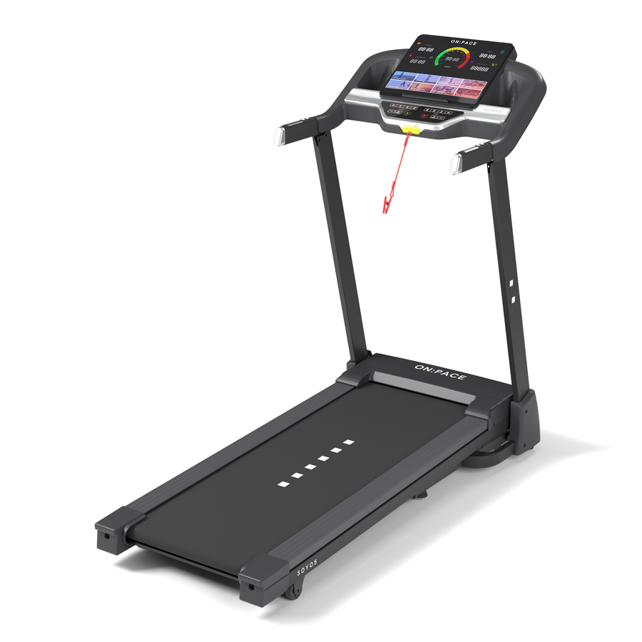 The ON:PACE SOYO 5 treadmill, unfolded, seen from the front left