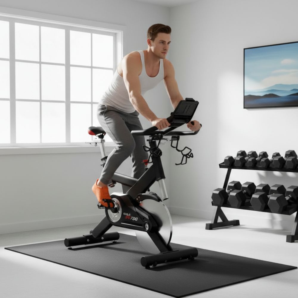 Indoor cycling bike with digital display and tablet holder for virtual training
