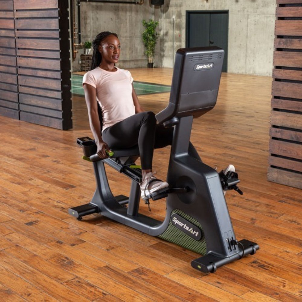 Adjustable SportsArt recumbent bike for indoor cycling and fitness workouts