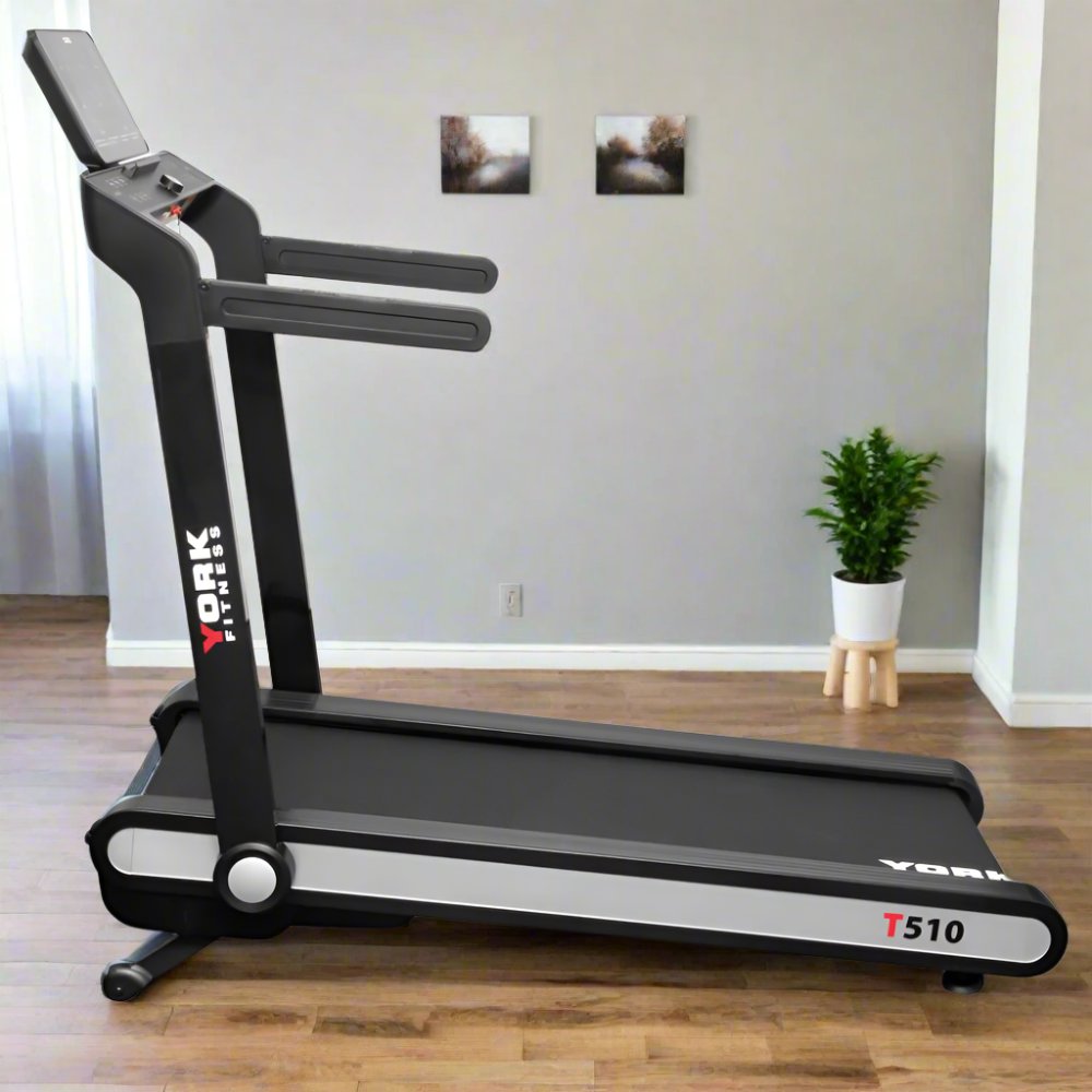 York Fitness treadmill with control panel and safety key, ideal for home workouts
