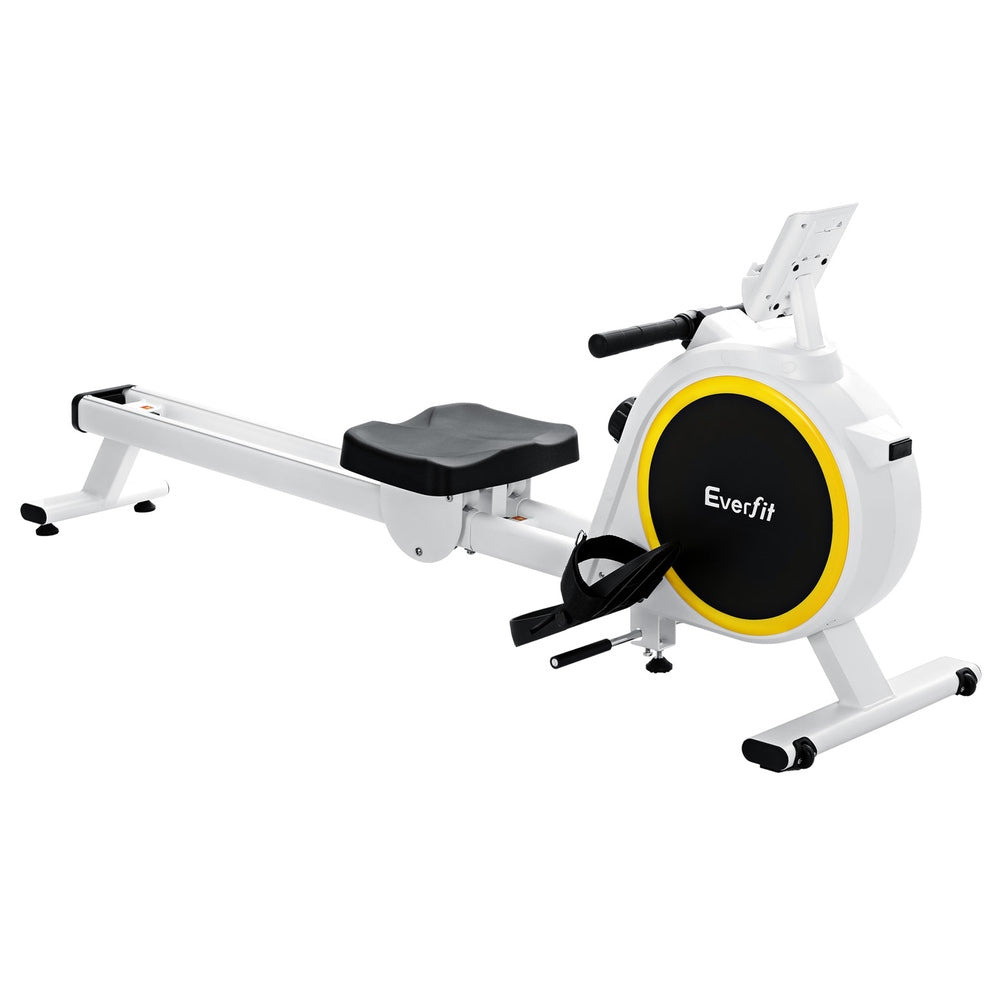Rowing machine features including LCD monitor, 16-level resistance, and heavy-duty dual rails.