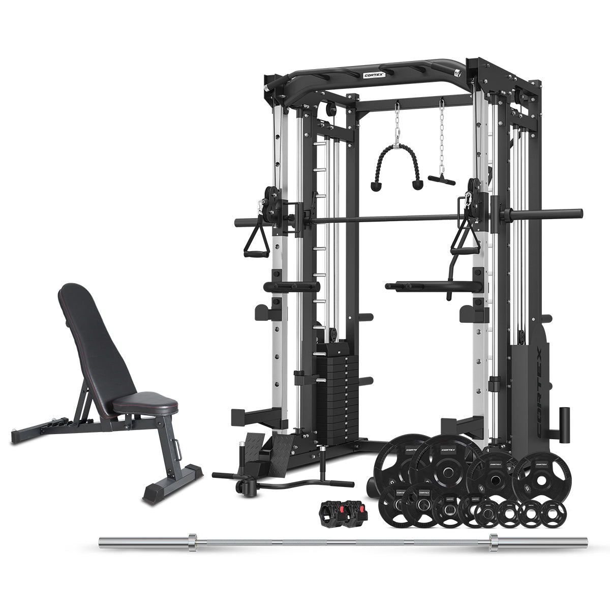CORTEX SM-25 6-in-1 Power Rack with Smith &amp; Cable Machine + BN6 Bench + 100kg Olympic Weight Plate &amp; Barbell Package