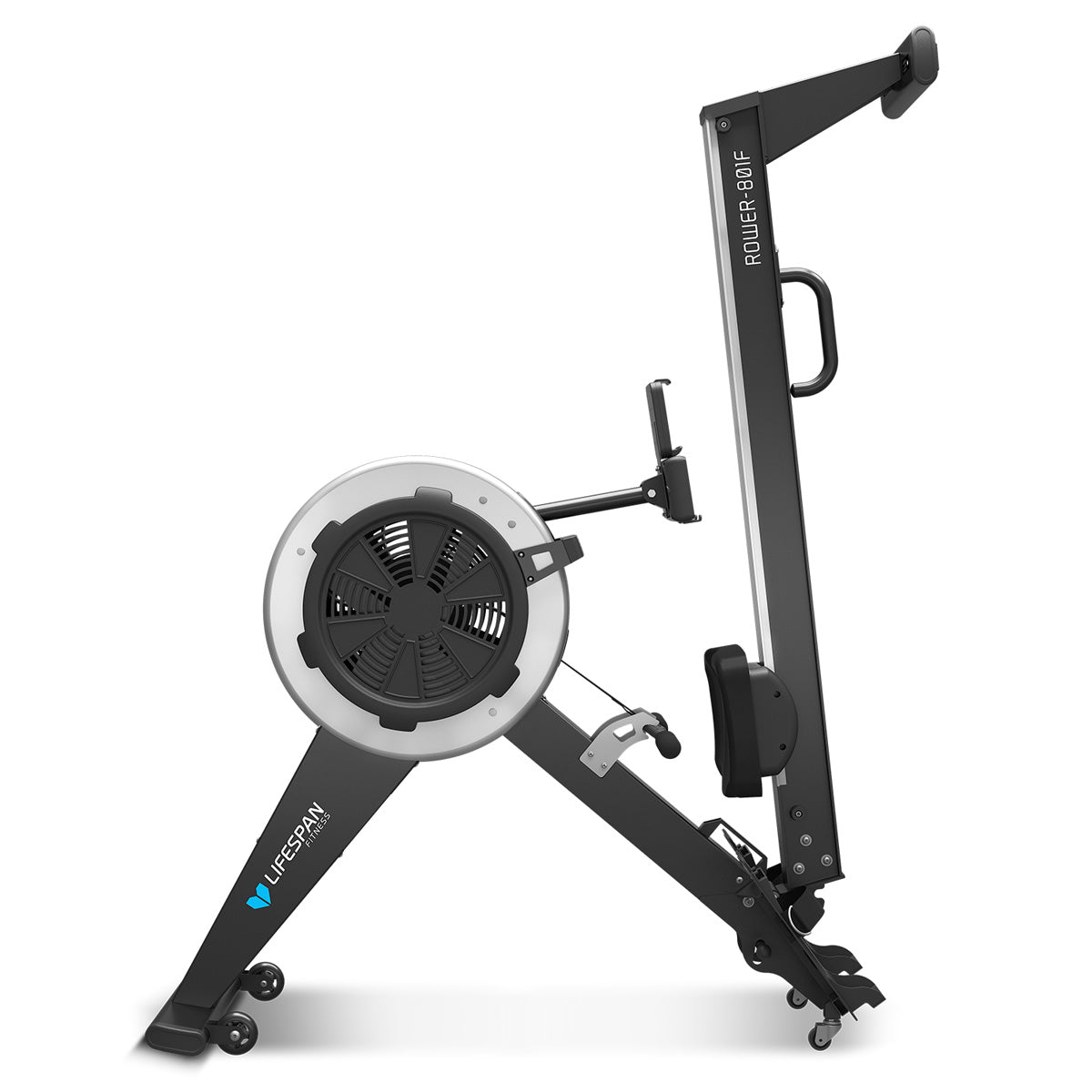 Lifespan Fitness ROWER-801F Air & Magnetic Commercial Rowing Machine featuring a digital display with workout metrics and a tablet holder showing a user rowing, designed for serious fitness enthusiasts.