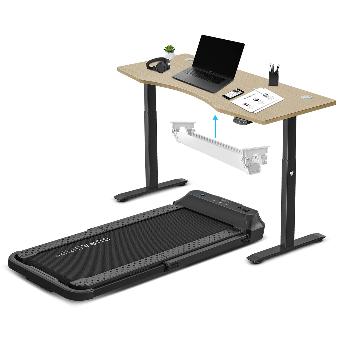 Lifespan Fitness V-FOLD Treadmill with ErgoDesk Automatic Standing Desk 1800mm in Oak/Black with Cable Management