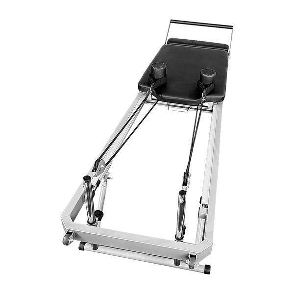 RTM Pilates Reformer with a focus on the aluminum sliding rail, showcasing its smooth glide and comfortable padding.